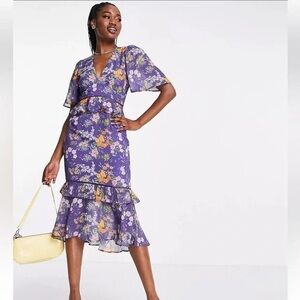 Hope & Ivy Tammie V-neck Midi Tea Dress with Peplum Waist & Tiered Ruffles NWT